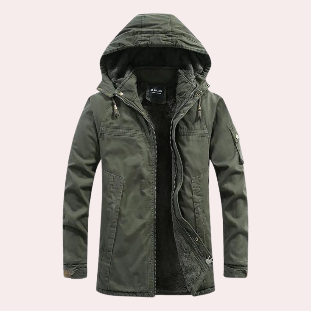 Grüne Herrenjacke mit Kapuze, Reißverschluss, warm gefüttert, Outdoor, Wintermode.