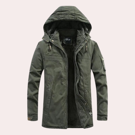 Grüne Herrenjacke mit Kapuze, Reißverschluss, warm gefüttert, Outdoor, Wintermode.
