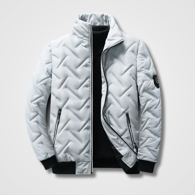 Weiße Steppjacke für Herren, Reißverschluss, Stehkragen, Wintermode, warm, stilvoll.
