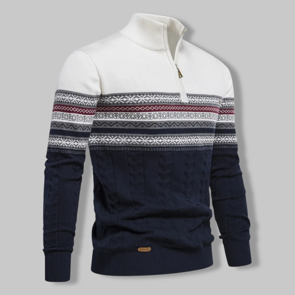 Herrenpullover mit Reißverschluss, Norwegermuster, blau-weiß, Strick, Wintermode.