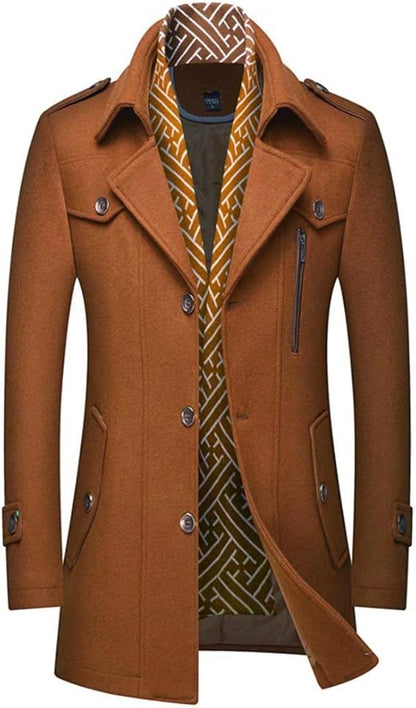 Brauner Herrenmantel, Wollmischung, Knopfleiste, Reißverschlusstasche, Herbstmode, elegant.