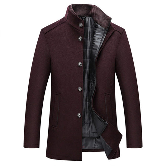 Dunkelbrauner Herrenmantel, winddicht, gestreift, Wolle, lange Jacke, elegantes Design.