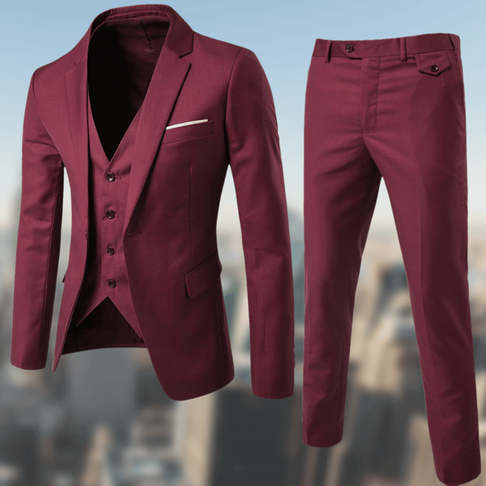 Bordeaux Herrenanzug, dreiteilig, elegant, Slim Fit, für Business und formelle Anlässe.