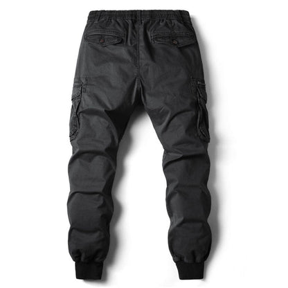 Schwarze Herren-Cargohose, elastischer Bund, Taschen, Baumwolle, Freizeitmode.