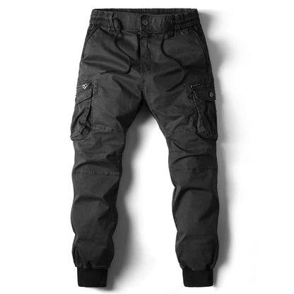 Schwarze Herren-Cargohose, elastischer Bund, Taschen, Baumwolle, Freizeitmode.