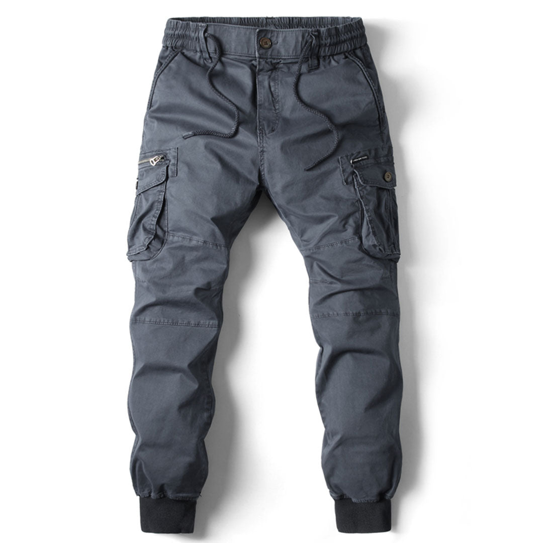 Graue Herren-Cargohose, elastischer Bund, Seitentaschen, Baumwolle, Freizeitmode.