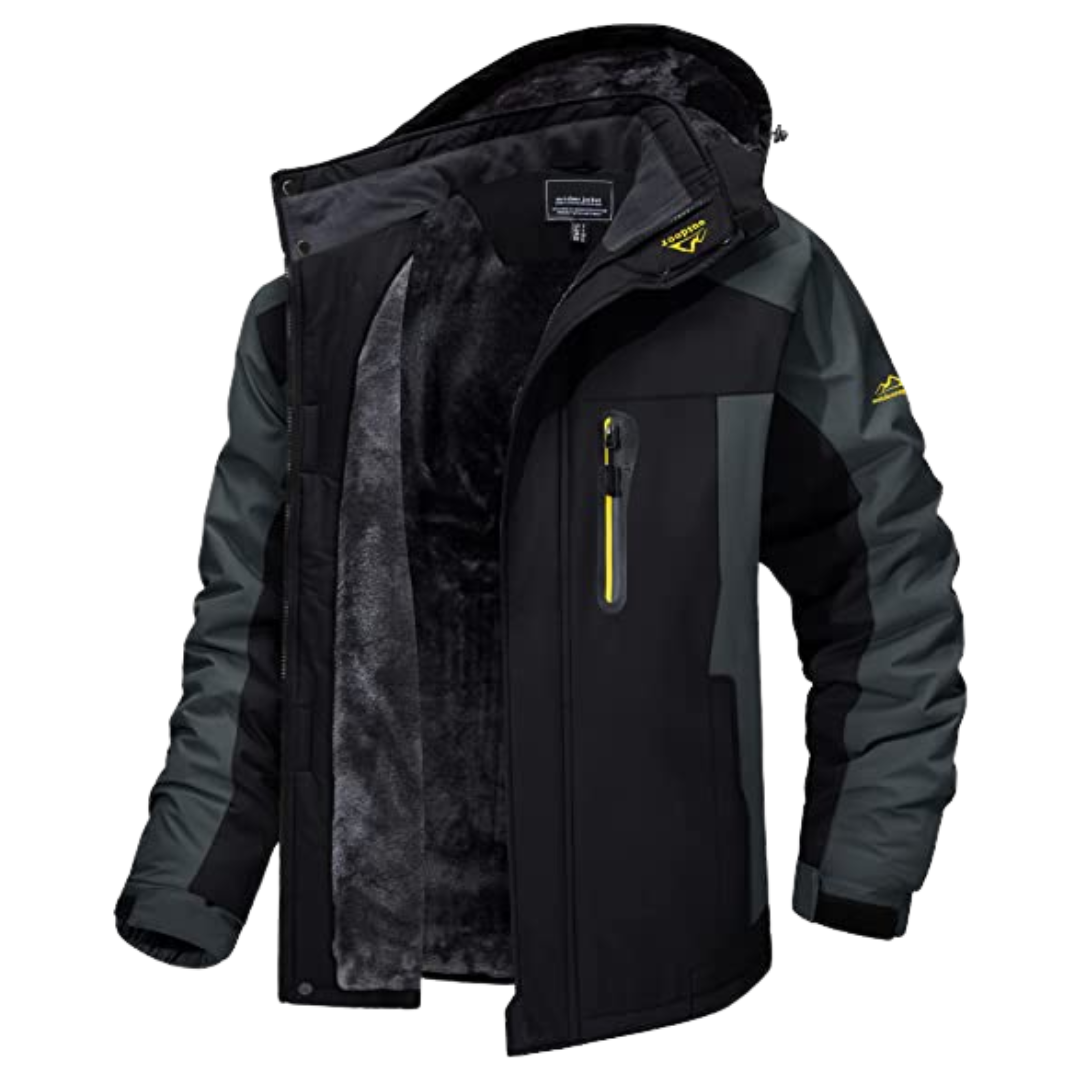 Schwarze Herren-Skijacke, wasserdicht, winddicht, mit Kapuze und Reißverschlusstasche.