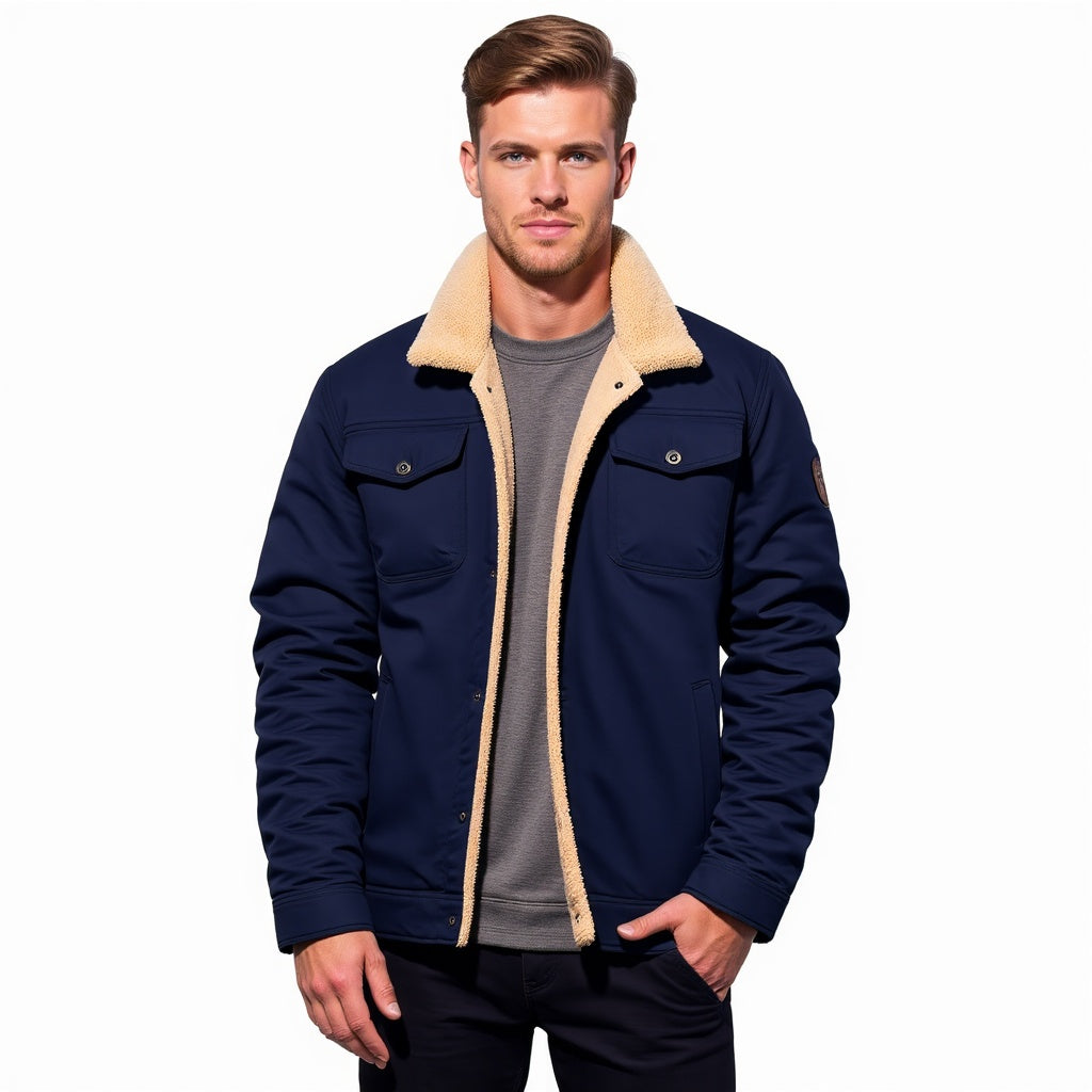 Mann in blauer Jacke mit beigem Kragen, Wintermode, Herrenbekleidung, stilvoll, warm.