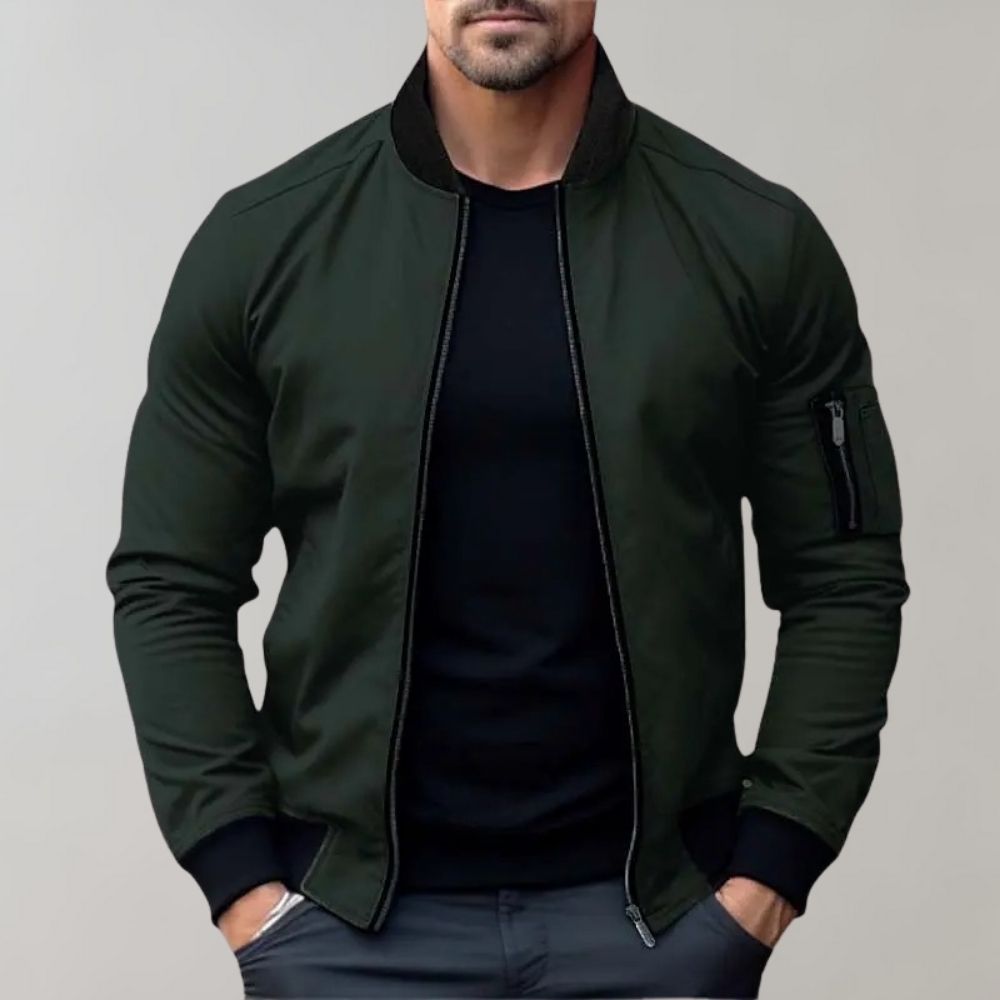 Grüne Herren-Bomberjacke, Reißverschluss, modisch, lässig, langärmelig, Baumwolle.