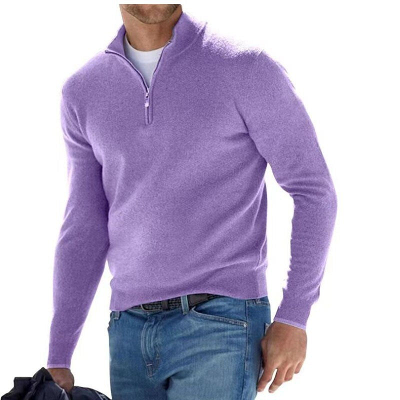 Lila Herrenpullover aus Kaschmir mit Reißverschluss, elegantes Design, weiches Material.