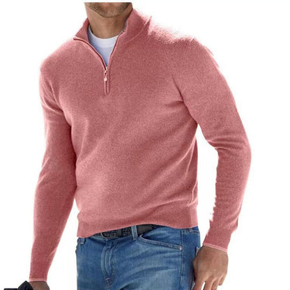 Rosa Herrenpullover aus Kaschmir mit Reißverschluss, elegantes Design, weiches Material.