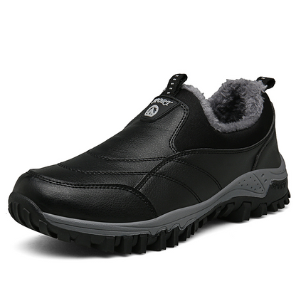Schwarzer Herren-Winterschuh, rutschfest, gefüttert, Outdoor, wasserdicht, Lederoptik.