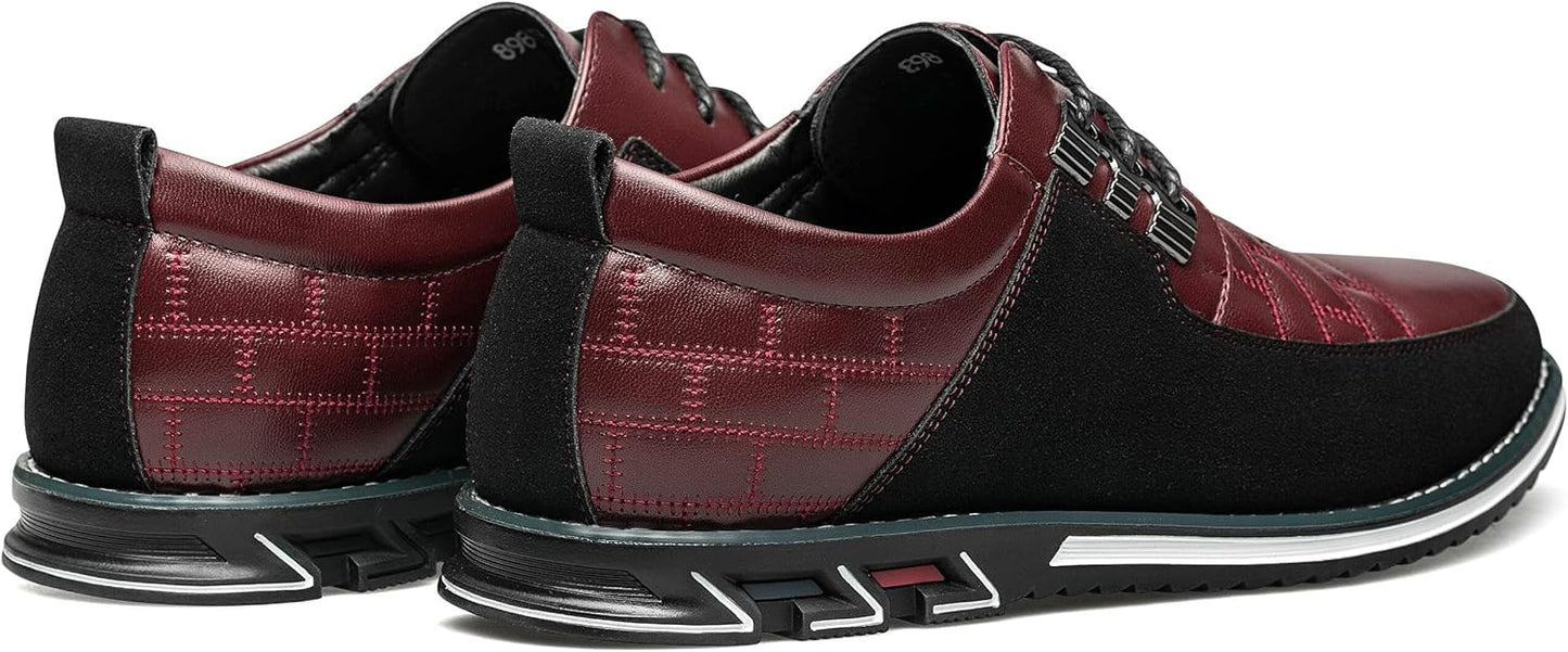Bordeauxrote Herrenschuhe, Leder, sportlich-elegant, Schnürschuhe, kariertes Muster, bequem.