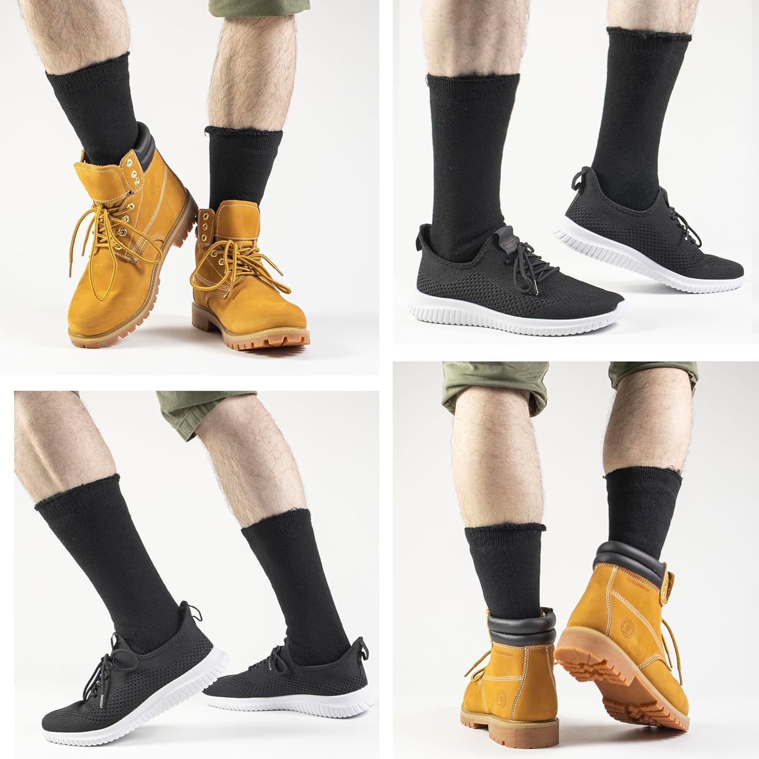 Vier Paar Schuhe: Gelbe Stiefel und schwarze Sneaker, getragen mit schwarzen Socken.