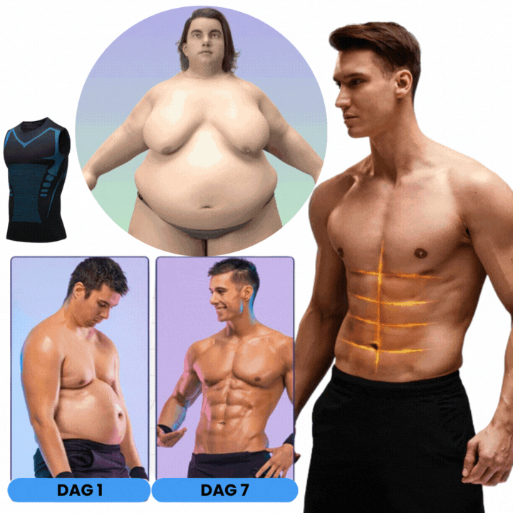 Männer Kompressionsshirt, schwarz, ärmellos, Fitness, Muskeldefinition, Vorher-Nachher-Ergebnis.