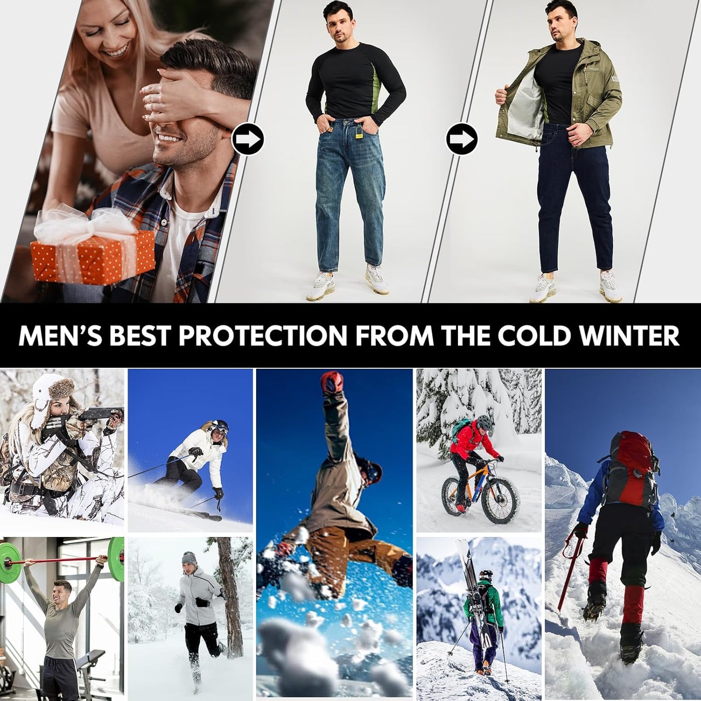 Männer Thermo-Unterwäsche Set, schwarz, ideal für Outdoor-Aktivitäten im Winter, warm, bequem.