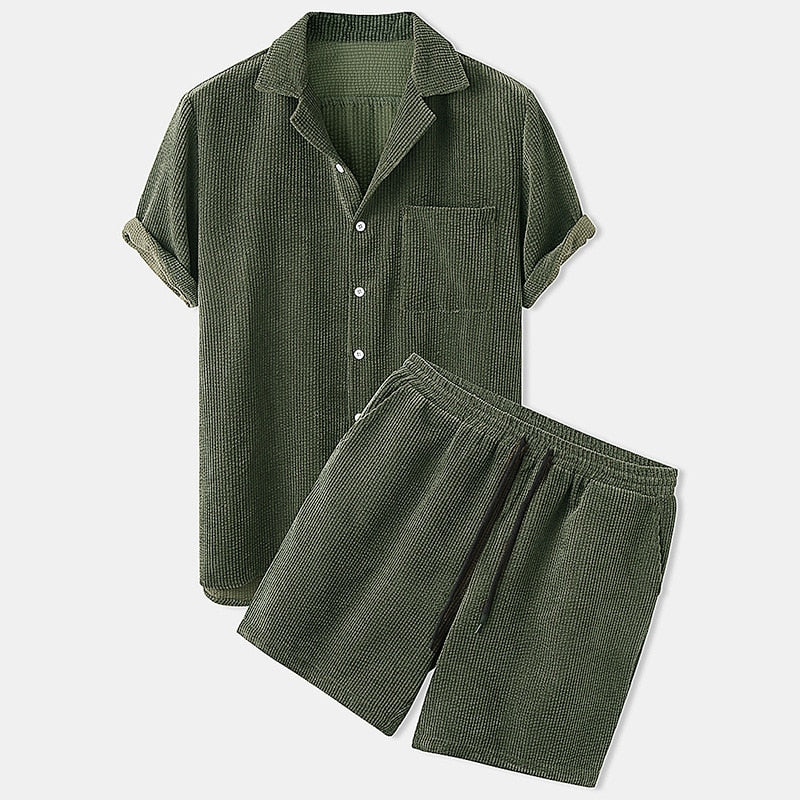 Grünes Herren-Shorts-Set aus Baumwolle, Sommermode, Freizeitkleidung, Knopfleiste.