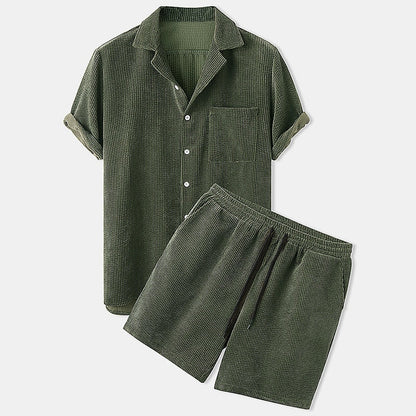 Grünes Herren-Shorts-Set aus Baumwolle, Sommermode, Freizeitkleidung, Knopfleiste.