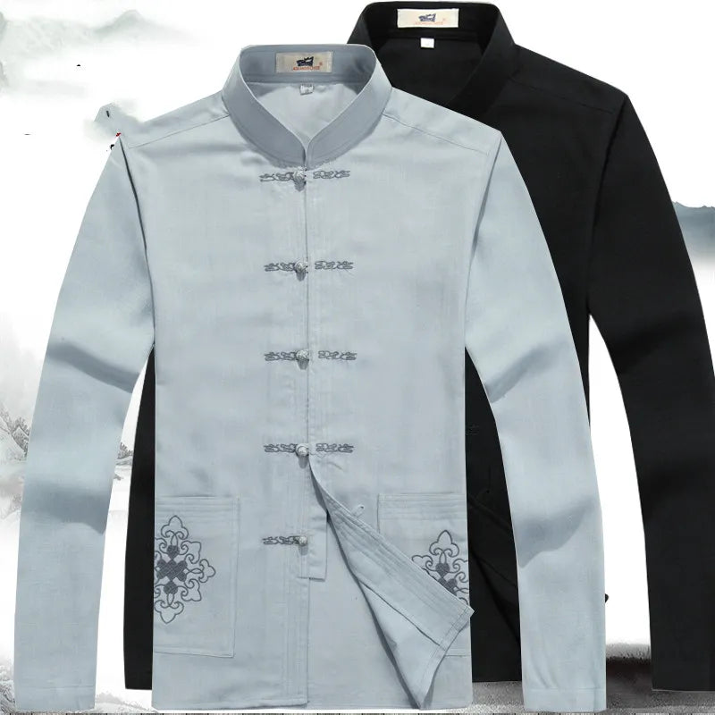 Traditionelle chinesische Tang-Anzüge für Herren, hellblau und schwarz, Baumwolle, elegant.