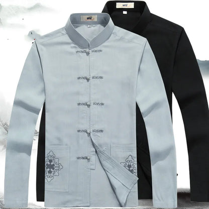 Traditionelle chinesische Tang-Anzüge für Herren, hellblau und schwarz, Baumwolle, elegant.