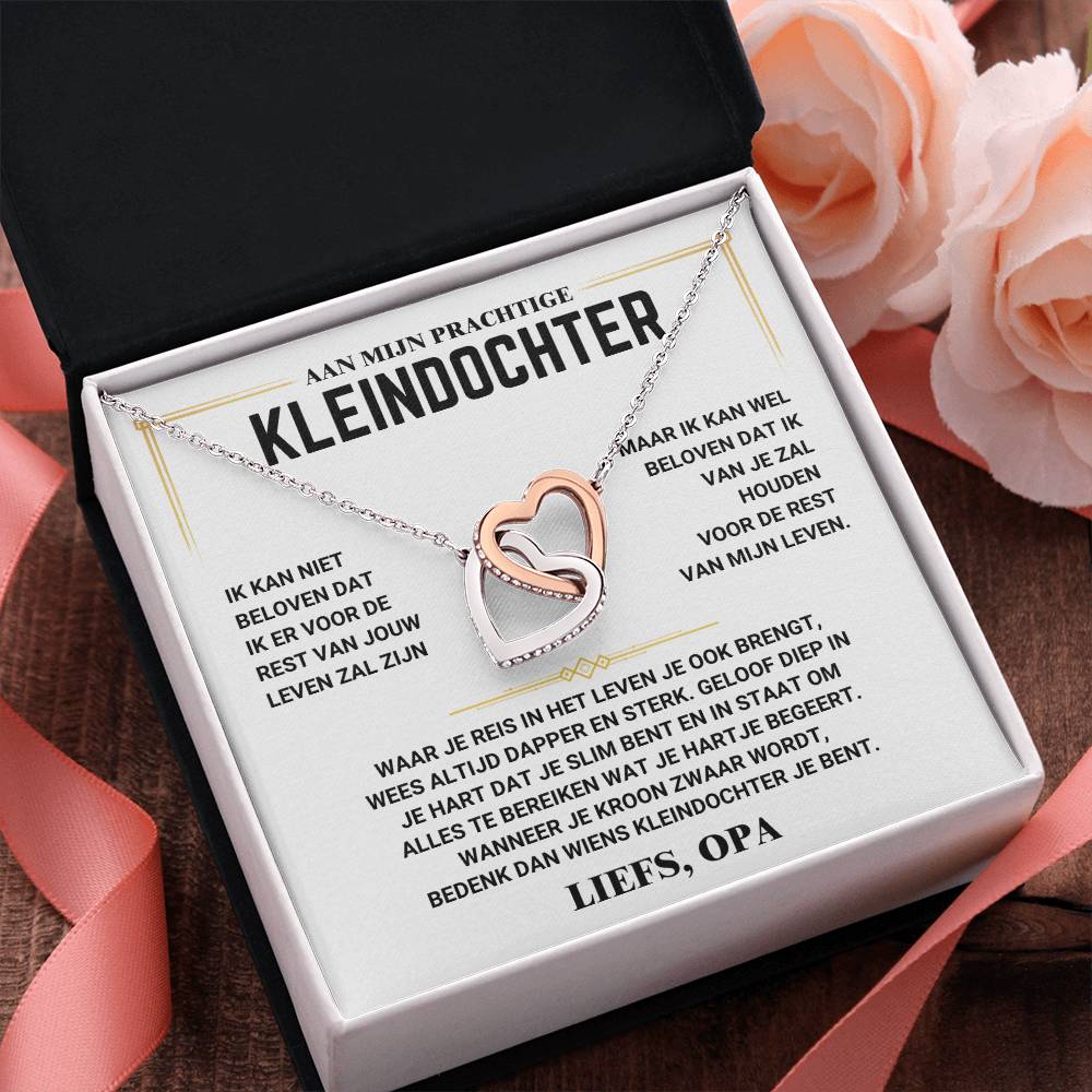 Zweifarbige Herz-Halskette in Geschenkbox mit niederländischem Text, ideal als Geschenk für Enkelin.