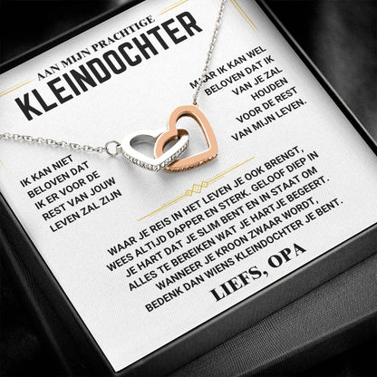 Zweifarbige Herz-Halskette in Geschenkbox mit niederländischem Text, ideal als Geschenk für Enkelin.