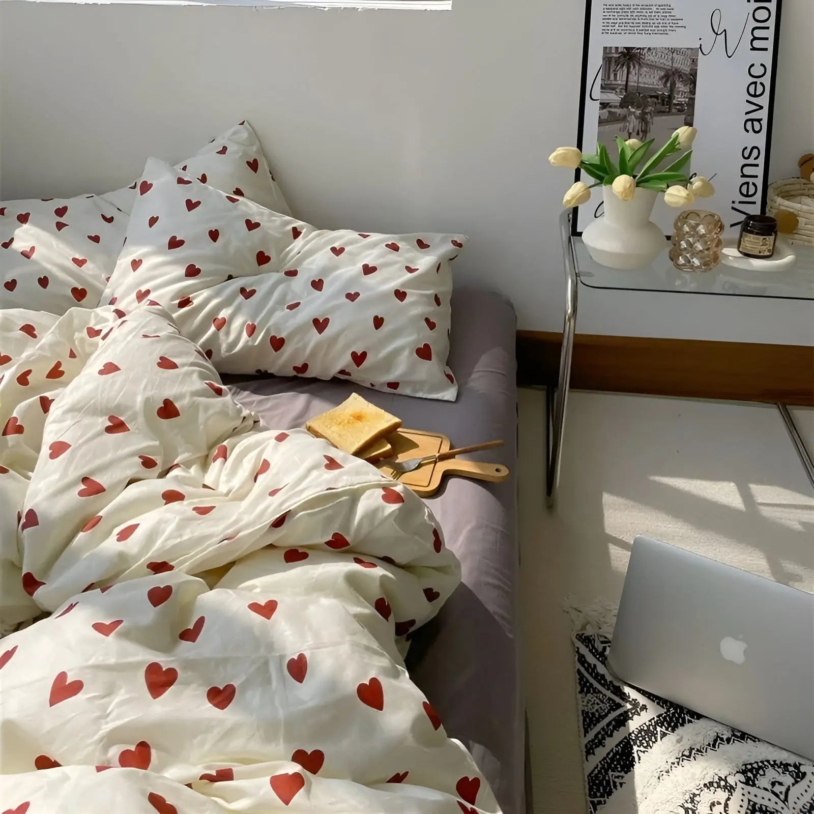 Bettwäsche-Set mit Herzmotiv, weiß-rot, Baumwolle, Schlafzimmer-Dekor, gemütlich, modern.