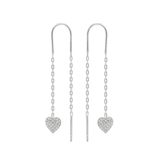 Silberne Herz-Ohrringe mit Ketten, funkelnde Kristalle, eleganter Schmuck, Damenaccessoire.