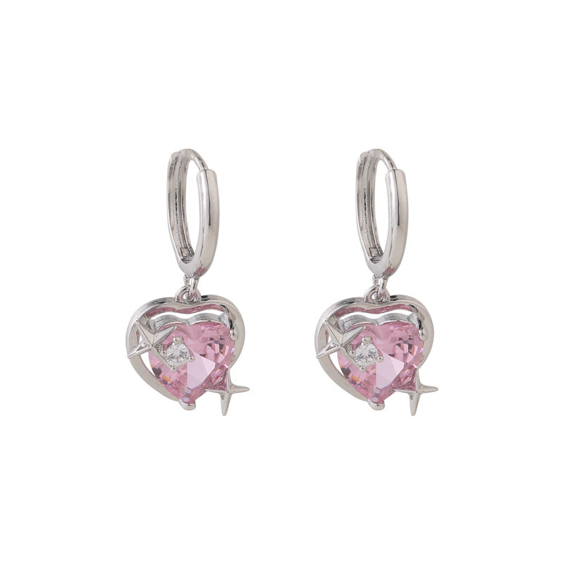 Silberne Ohrringe mit rosa Herzanhänger, Harajuku-Stil, modisch, für Frauen.