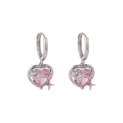 Silberne Ohrringe mit rosa Herzanhänger, Harajuku-Stil, modisch, für Frauen.