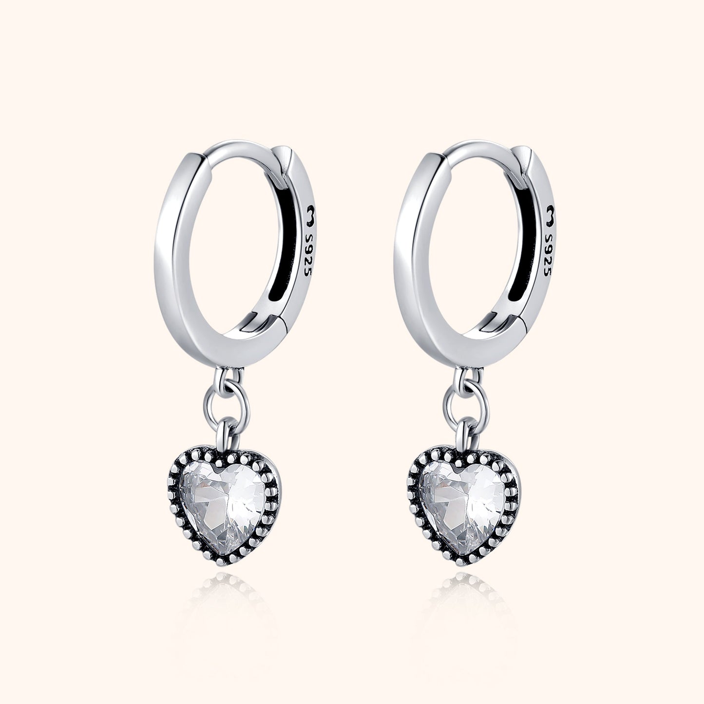 Silberne Creolen mit herzförmigem Kristallanhänger, 925 Sterling Silber Ohrringe.