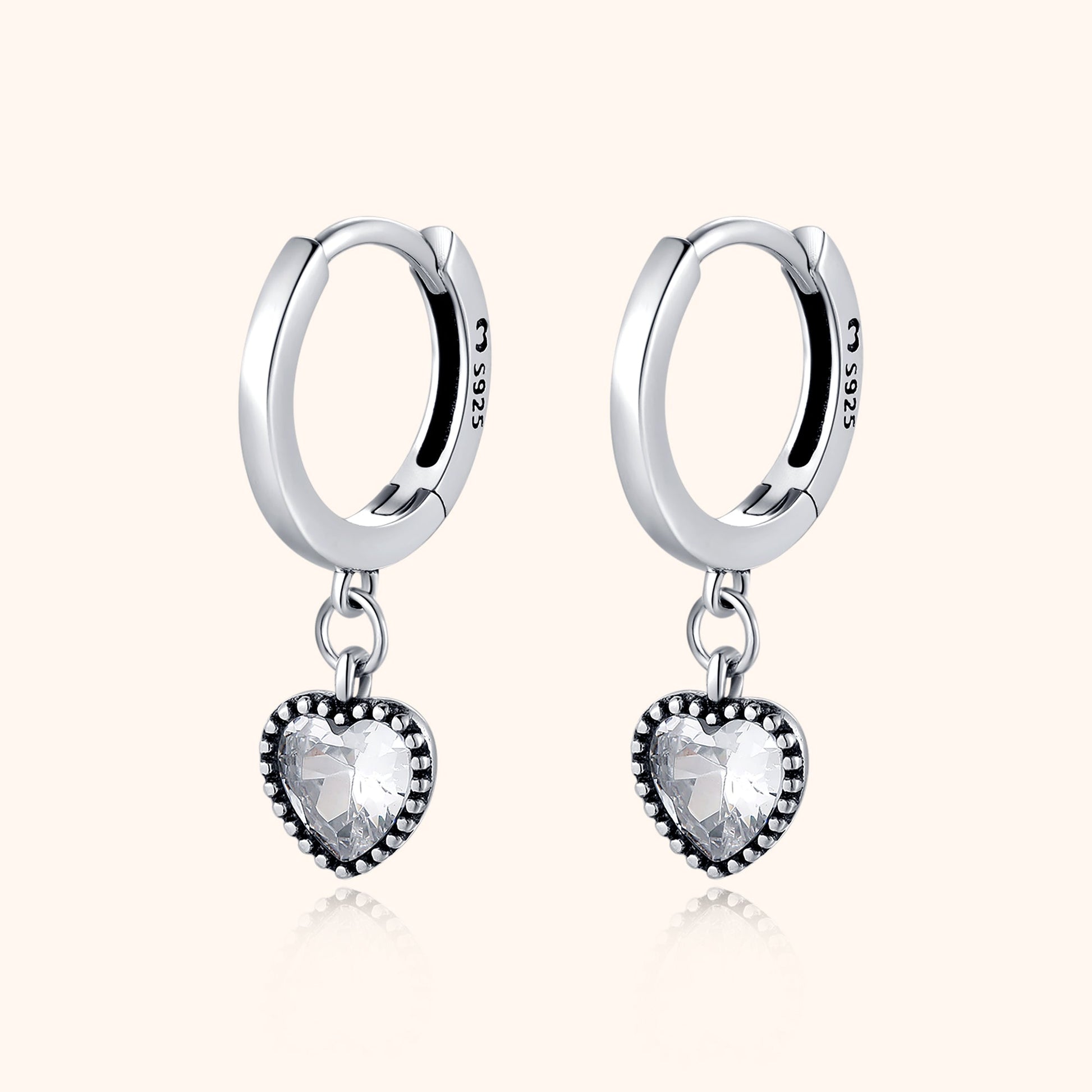 Silberne Creolen mit herzförmigem Kristallanhänger, 925 Sterling Silber Ohrringe.