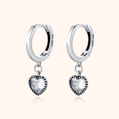 Silberne Creolen mit herzförmigem Kristallanhänger, 925 Sterling Silber Ohrringe.