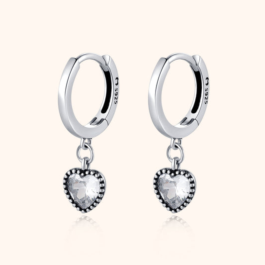 Silberne Creolen mit herzförmigem Kristallanhänger, 925 Sterling Silber Ohrringe.