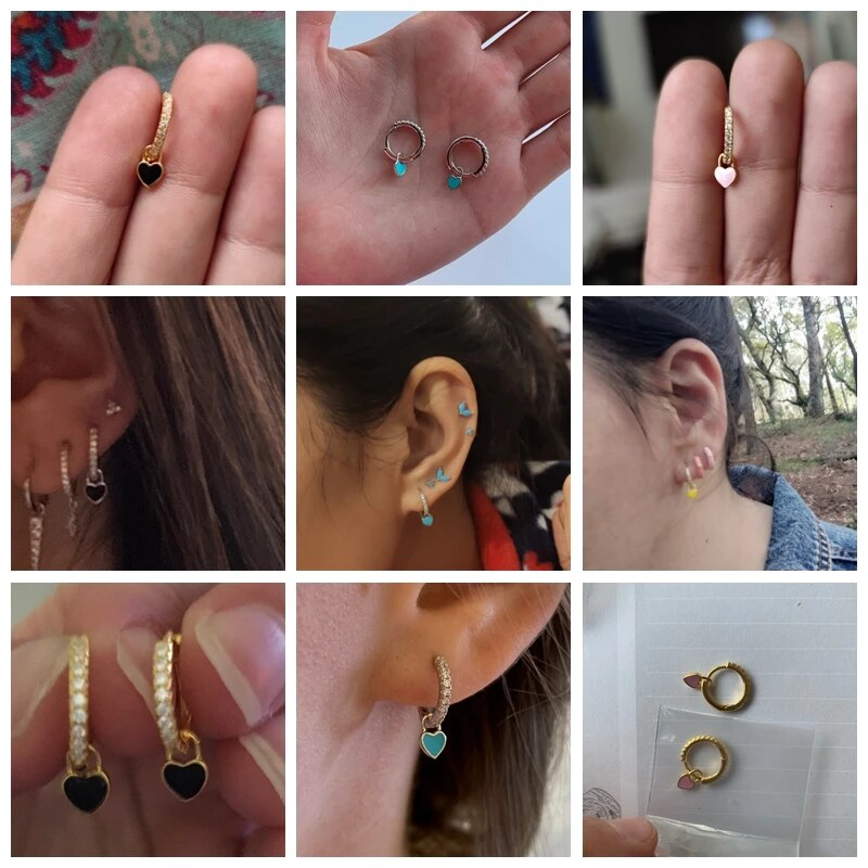 Ohrringe mit Herzanhänger, Gold und Türkis, modisch, Damenaccessoire, Nahaufnahme, Collage.