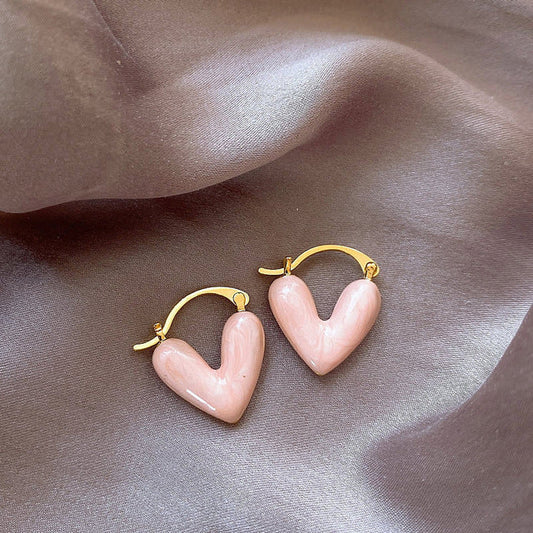Herzförmige Ohrringe, rosa Emaille, goldene Bügel, koreanische Mode, Damen-Schmuck.
