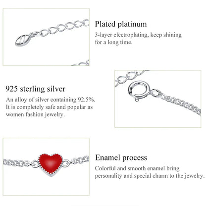 Silberarmband mit rotem Herzanhänger, plattiertem Platin, Emaille-Verfahren, Damenmode-Schmuck.