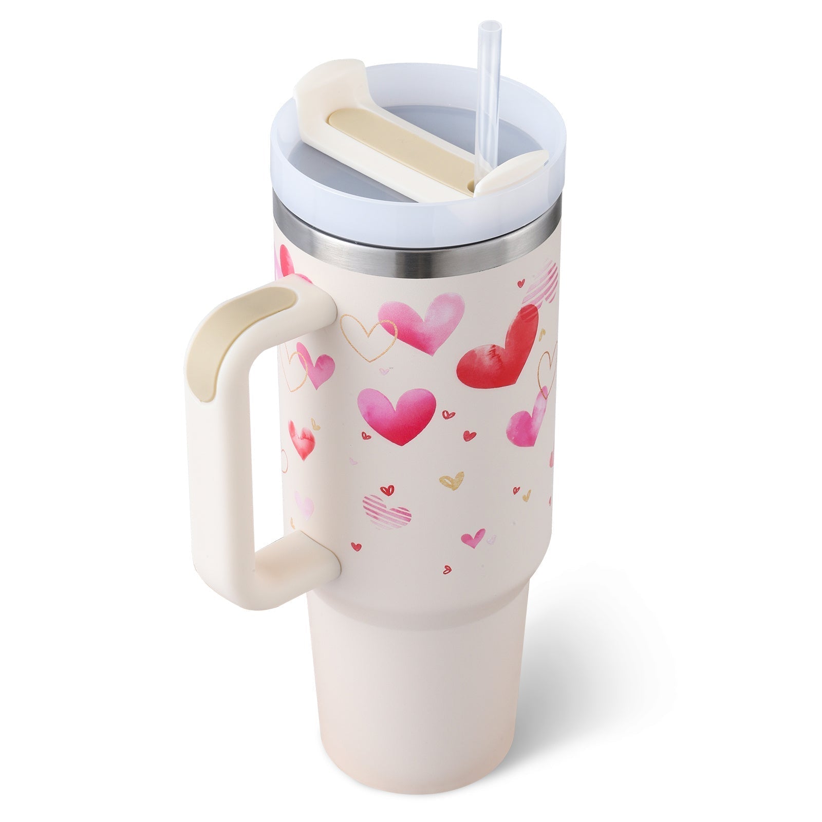 Becher mit Henkel, Herzmuster, Edelstahl, wiederverwendbar, Trinkhalm, rosa und weiß, 1 Liter