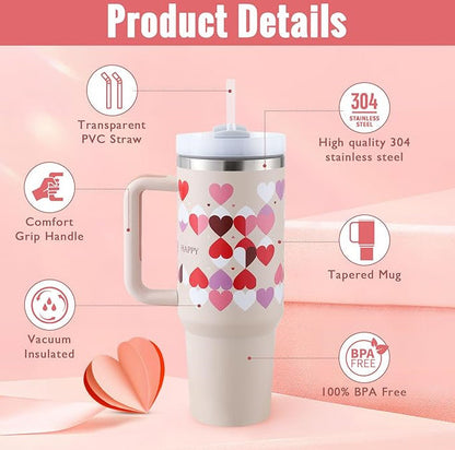 Beiger Thermobecher mit Herzdesign, Edelstahl, BPA-frei, transparenter Strohhalm, Komfortgriff.