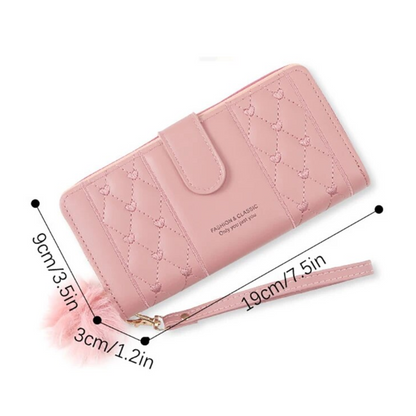 Rosa Damen-Geldbörse mit Herzstickerei, langer Handgelenkriemen, modisches Design.