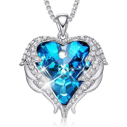 Blaue Herzflügel-Halskette, Engel-Design, Silber, Kristall, Damen-Schmuck, Geschenkidee.