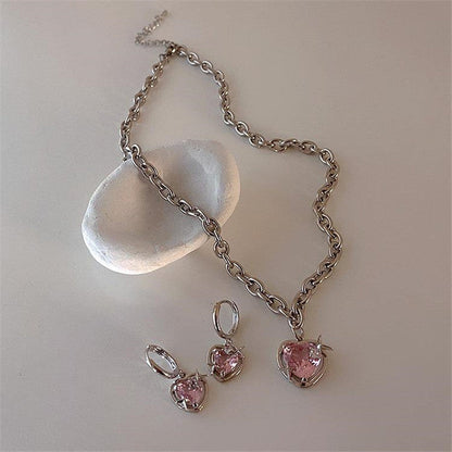 Silberne Kette und Ohrringe mit rosa Herzanhängern, modisch, Harajuku-Stil, Y2K.