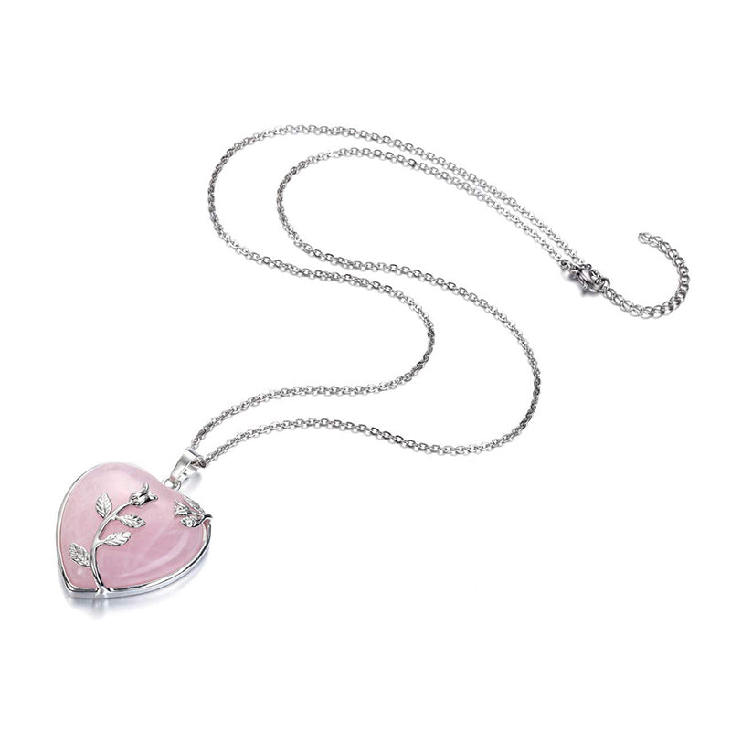 Silberkette mit herzförmigem Rosenquarz-Anhänger und Blattdesign, eleganter Schmuck.