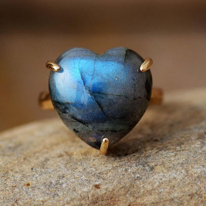 Herzförmiger Labradorit-Ring, verstellbar, Goldfassung, Schmuck für Hochzeit und Party.