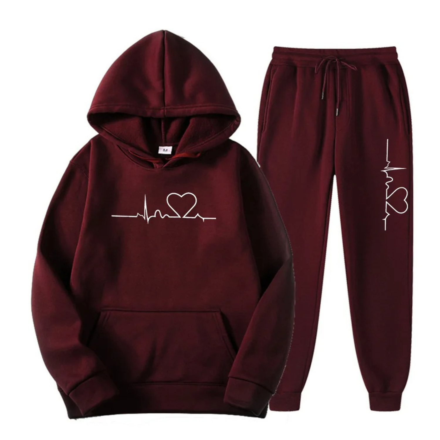 Bordeauxfarbener Hoodie und Jogginghose mit Herz-EKG-Design, Unisex, Baumwolle, Freizeitanzug.