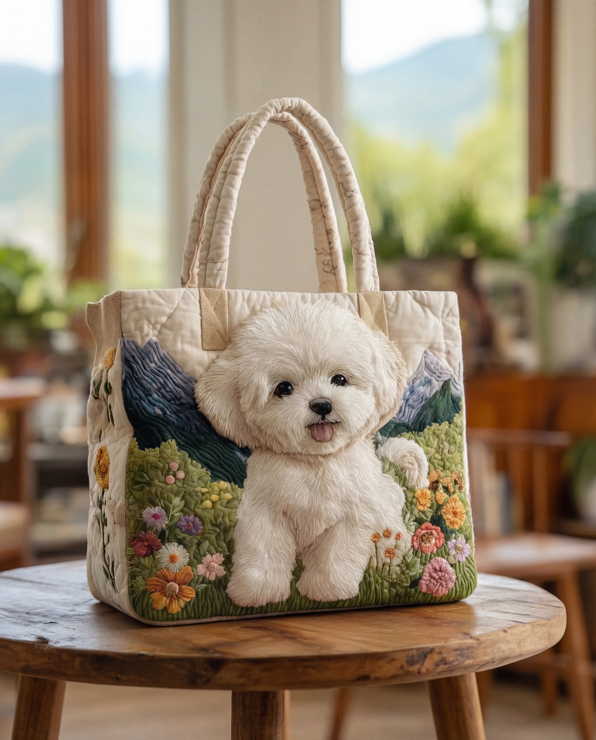 Vadderad gräddvit totebag med en fluffig vit hundvalp bland blommor och berg, placerad på ett runt träbord i ett ljust rum. 1