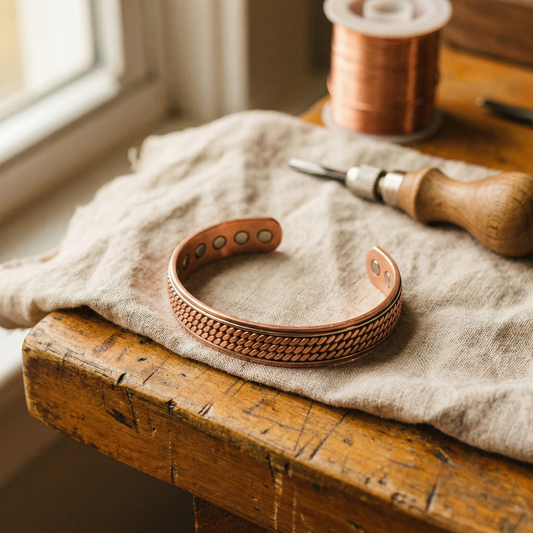 Öppet armband i koppar med flätat mönster och magneter på insidan, på linnetyg vid en träbänk 1