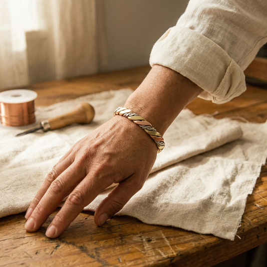 Armbandet sitter på en handled där handen vilar mot ett linnetyg på träbord 2