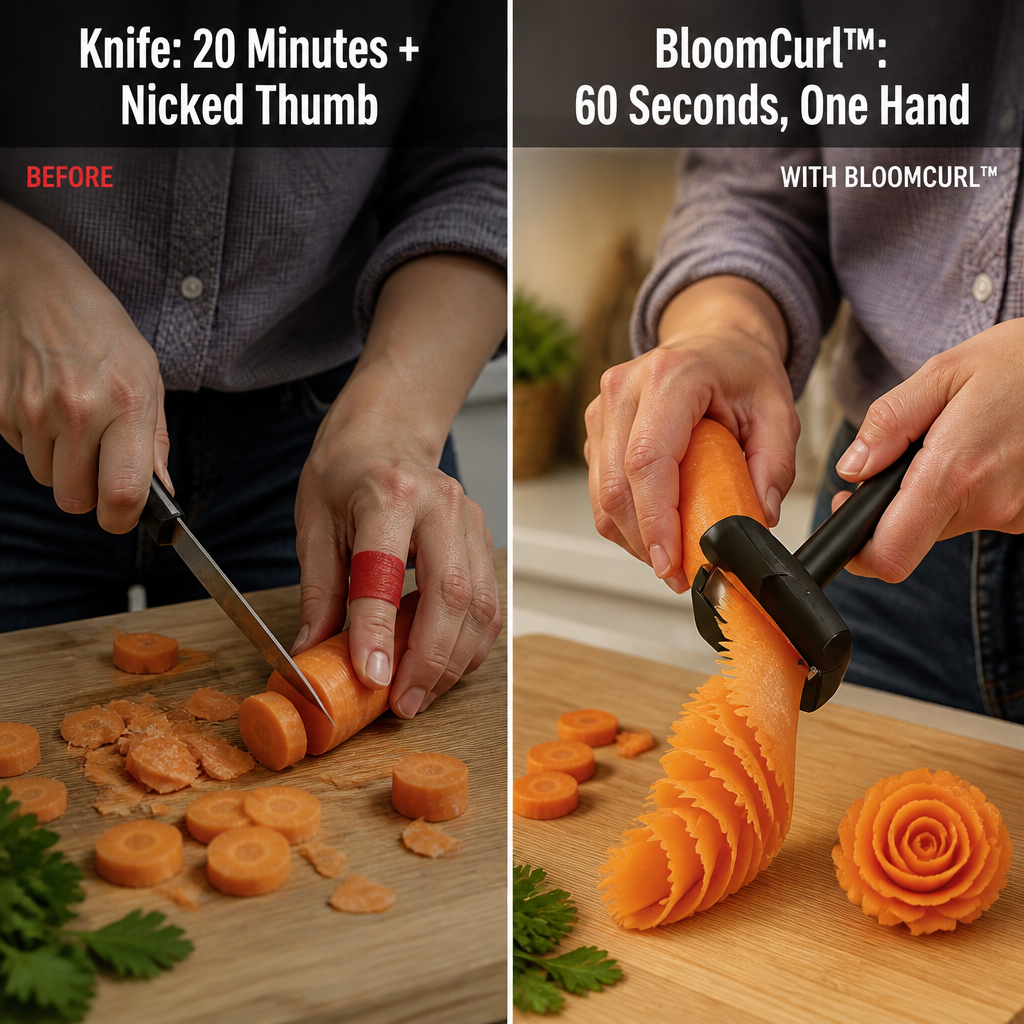 Delad bild: till vänster skärs morot med kniv i bitar, till höger skapas en spiral av moroten med verktyget och en morotsros ligger färdig. 2