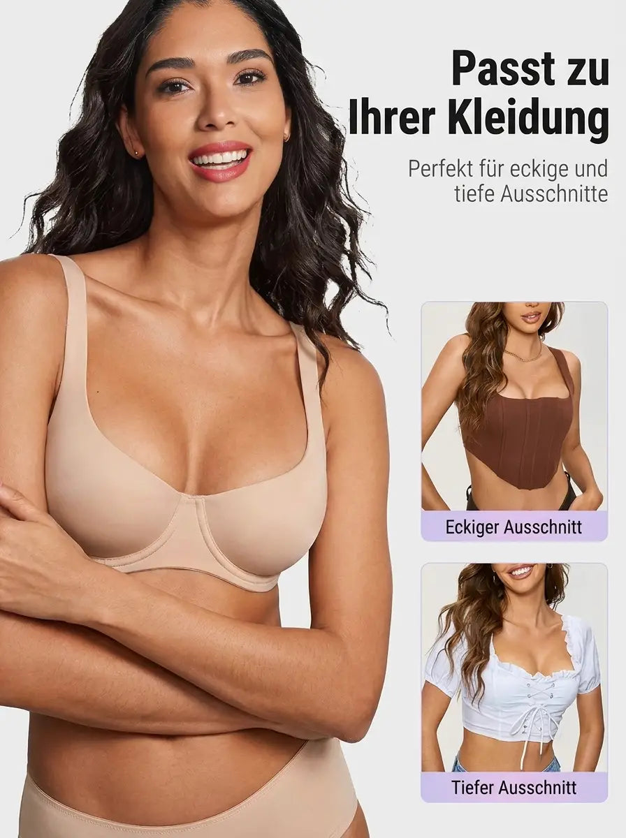 Leende kvinna i beige bh med korsade armar, och tvÄ smÄ bilder som visar bhn under toppar med olika urringning. 10